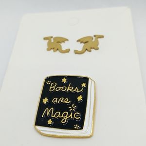 Books are Magic / Dragon Earring & Pin Jewelry Set
